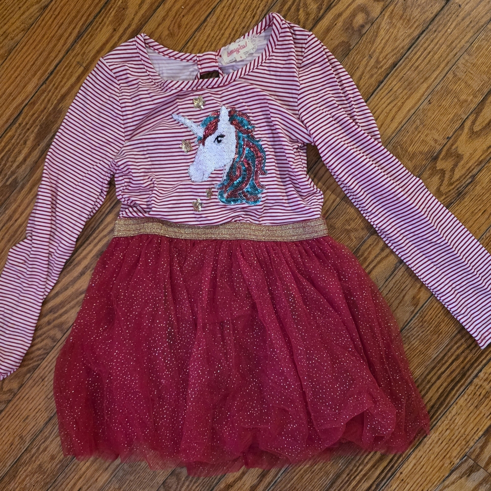 Girls' Red Stripe & Tulle Unicorn Dress with Gold Waistband